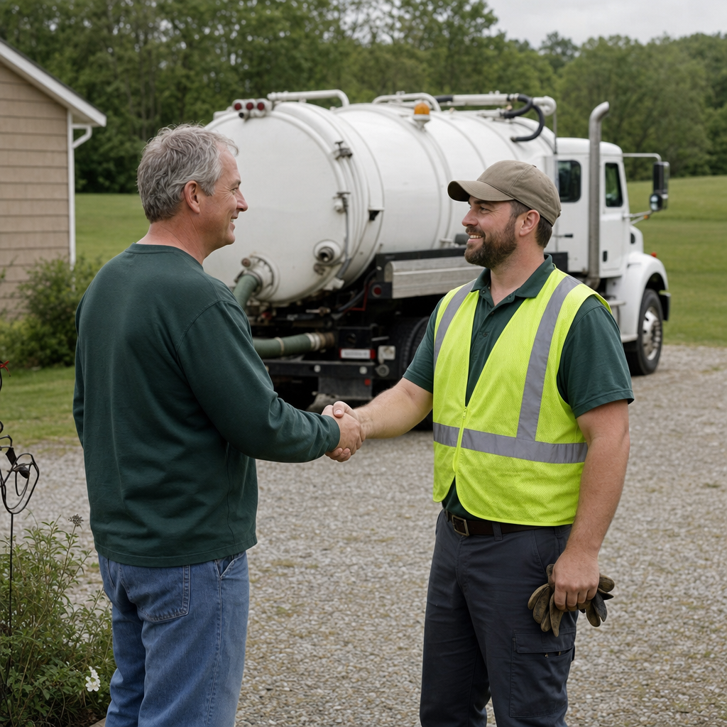 A septic technician shaking a Dorchester homeowner's hand beside the service truck after a completed pump-out