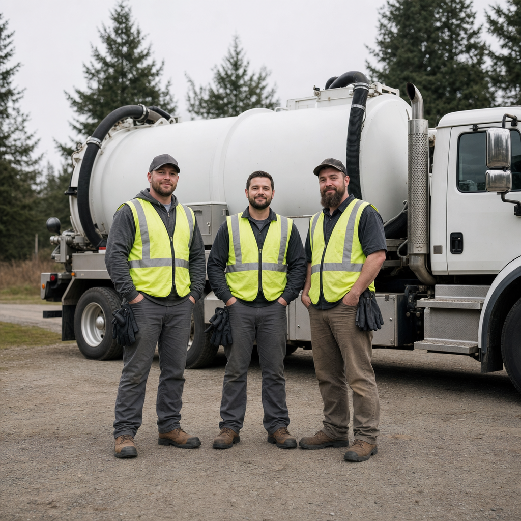 The Dorchester septic pumping crew standing together beside their clean white vacuum truck on a residential street