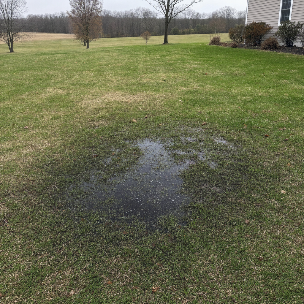 A dark, saturated wet spot in a Dorchester backyard lawn marking a failing cesspool at capacity