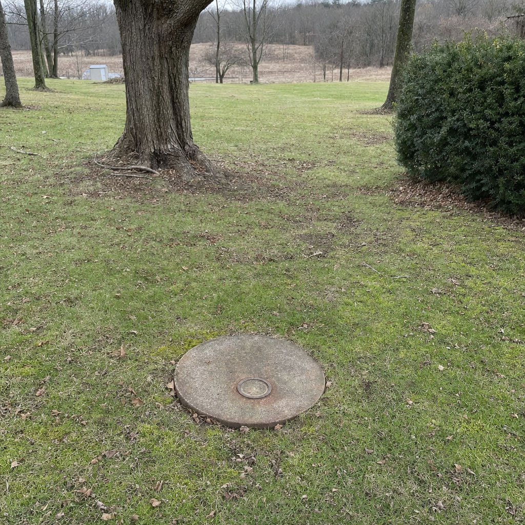 An older round cesspool access lid set flush in an established, mature Dorchester backyard lawn