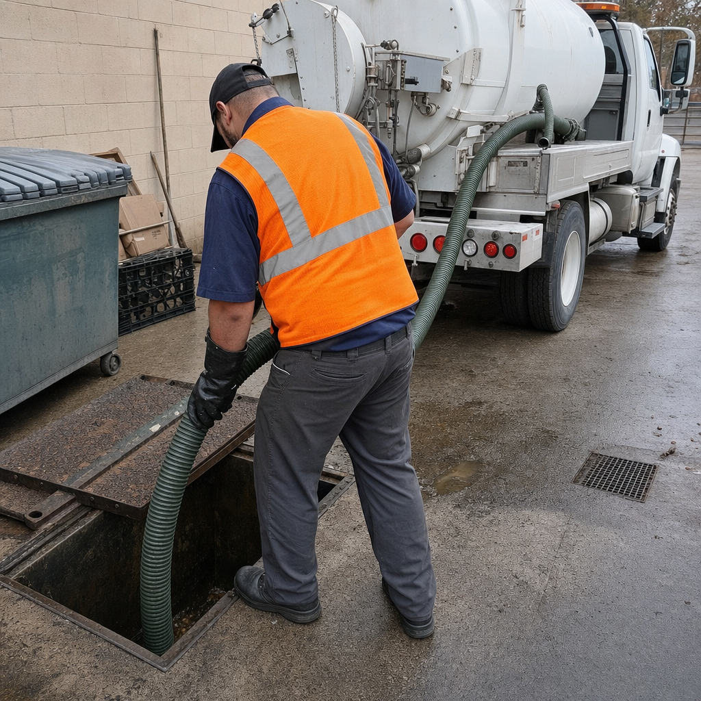Technician pumping a grease trap behind a Dorchester restaurant