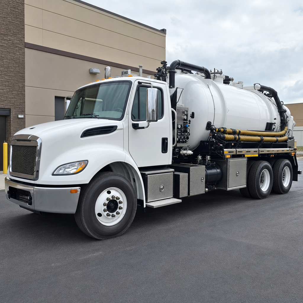 Commercial septic vacuum truck parked in a Dorchester business parking lot