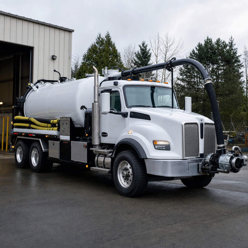 A clean white septic vacuum truck rolling out of a tidy Dorchester service depot at the start of the day