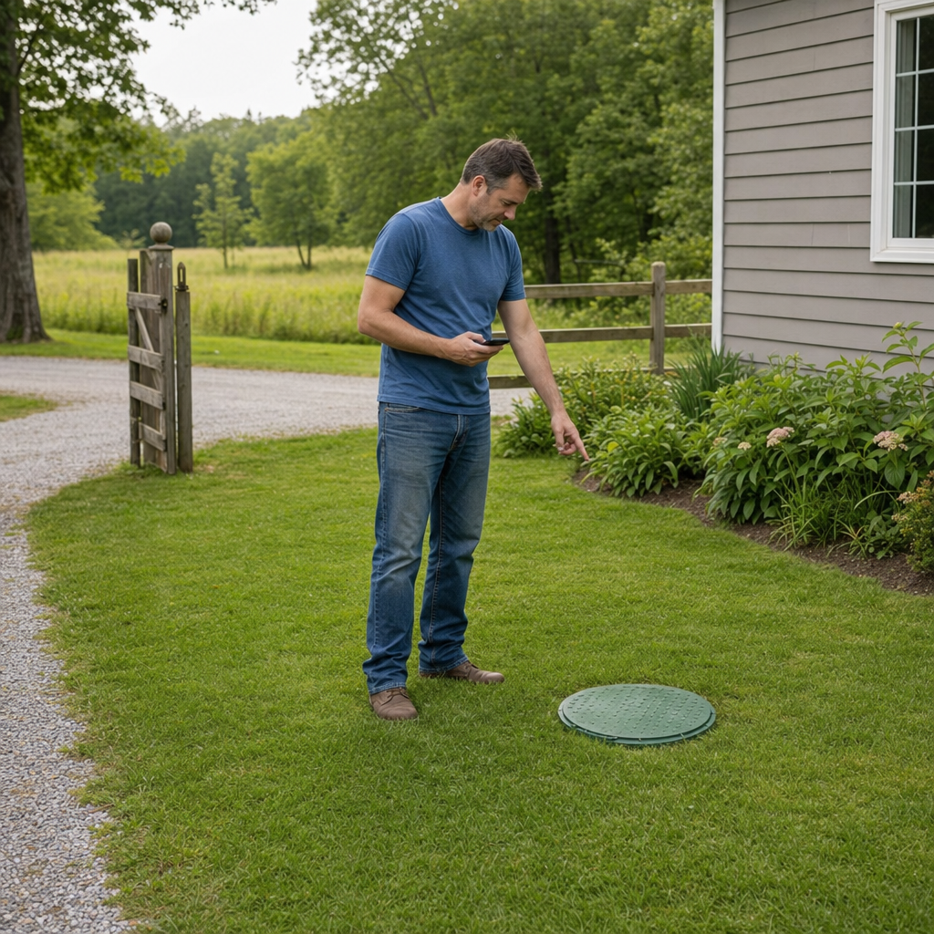 A Dorchester-area homeowner standing in the backyard noting where the septic tank lid and access route are located