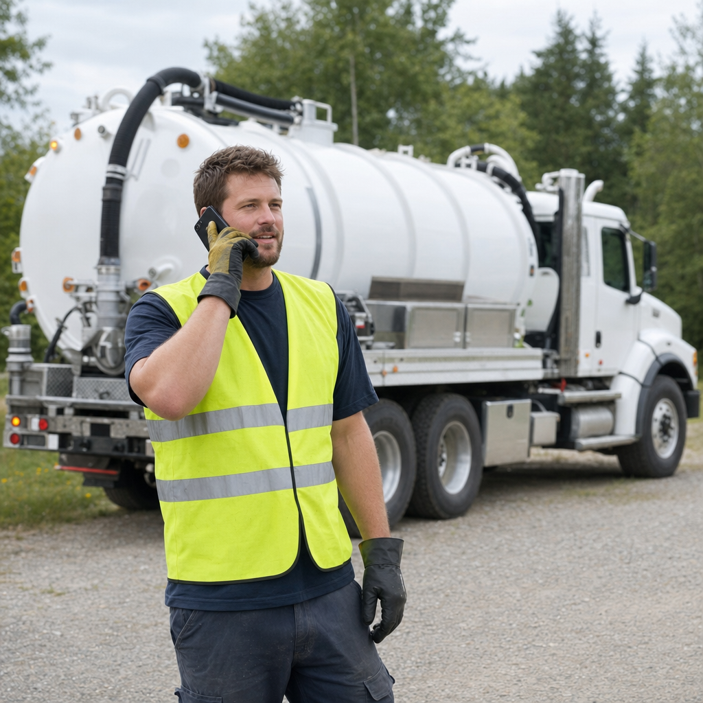 A friendly septic dispatcher holding a phone, ready to answer a Dorchester homeowner's call about a pump-out