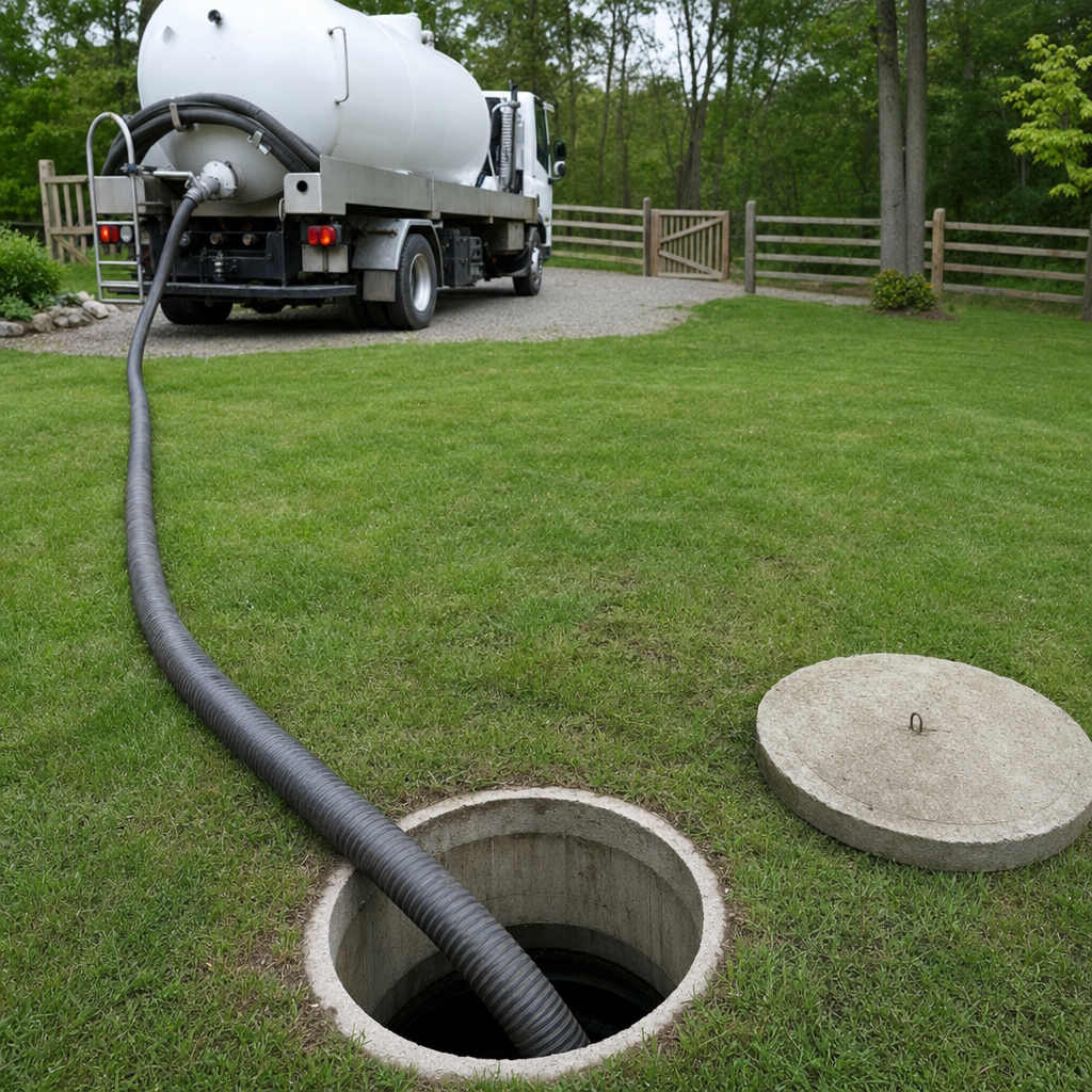 Suction hose connected to an open septic tank, drawing it down in a tidy Dorchester yard