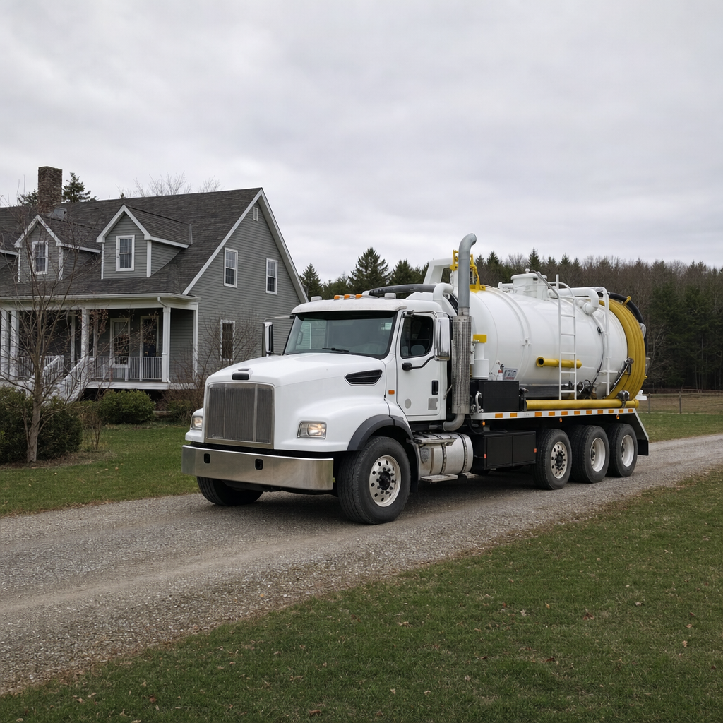 Septic vacuum truck arriving at a Dorchester home for same-day emergency service