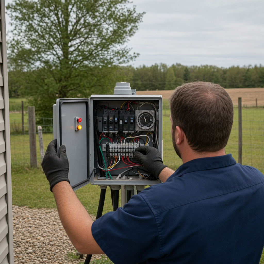 Technician checking an aerobic septic control box with a lit red high-water alarm during a same-day Dorchester visit