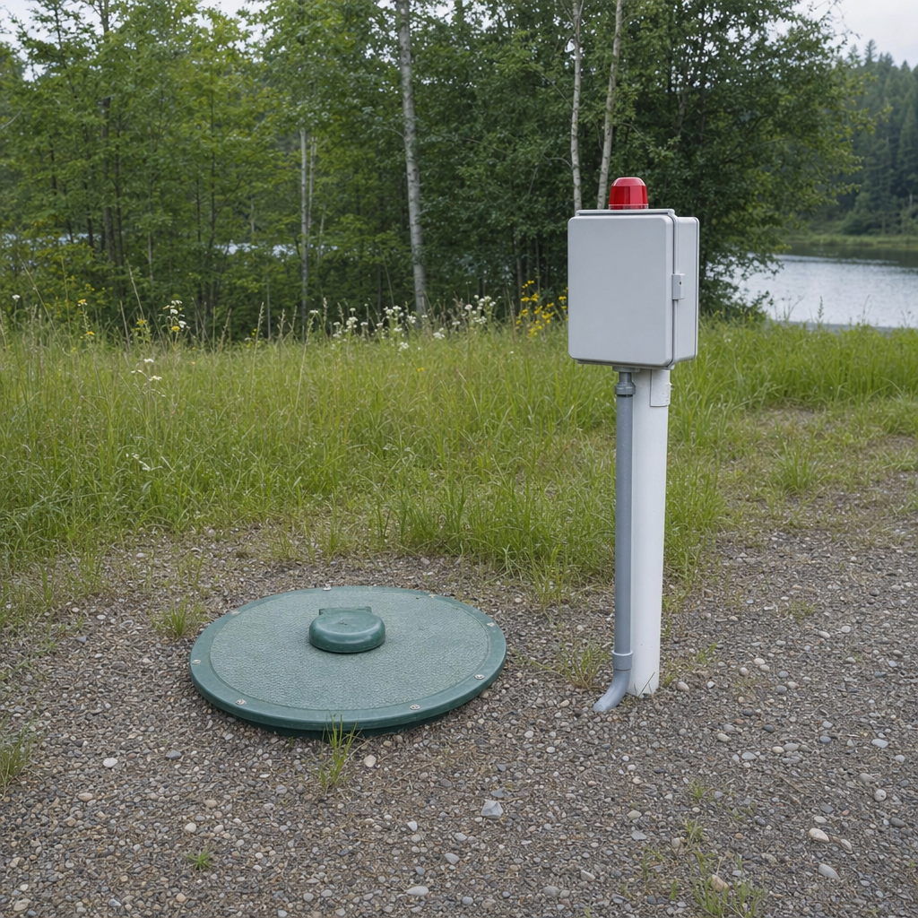 A wastewater holding tank access lid set in the ground at a rural Dorchester-area cabin, with a mounted high-level float alarm panel nearby