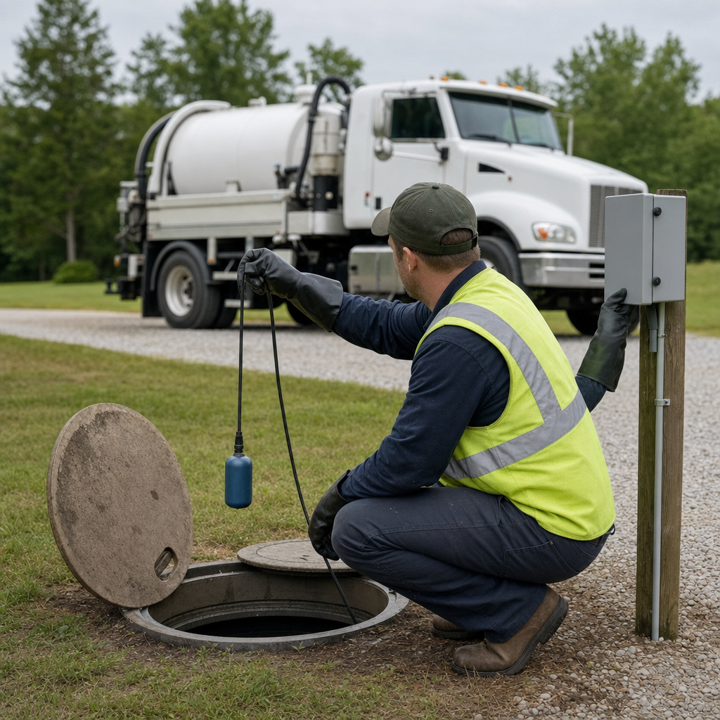 A septic technician in a high-visibility vest checking a high-level float switch and alarm panel on a holding tank at a rural Dorchester-area site