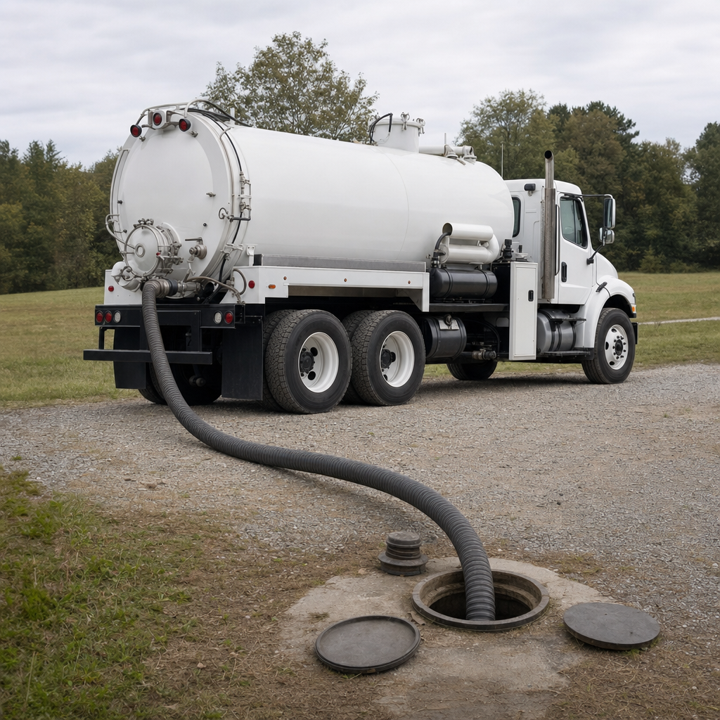 An unmarked white vacuum truck emptying a wastewater holding tank on a scheduled visit at a rural Dorchester-area property, thick suction hose running to the tank lid
