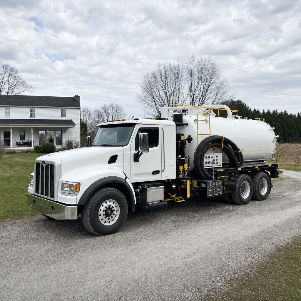 A clean white septic vacuum truck parked on a tidy Dorchester driveway with the suction hose neatly coiled