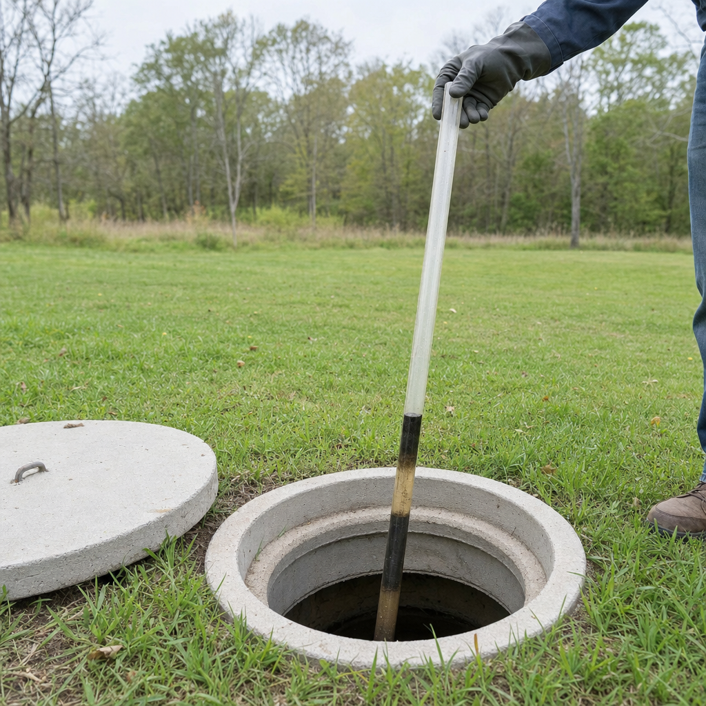A septic sludge-judge measuring stick lowered into an open Dorchester septic tank to read the depth of the sludge and scum layers before deciding whether a pump-out is due