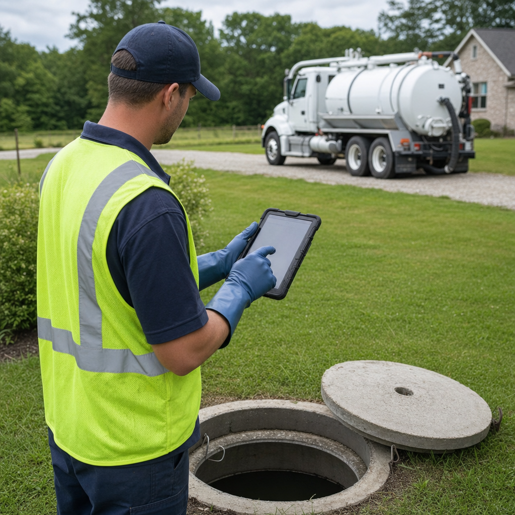 A septic technician recording a Dorchester home's pump-out date and tank condition on a tablet beside an open access lid, tracking the service history that sets the next due date