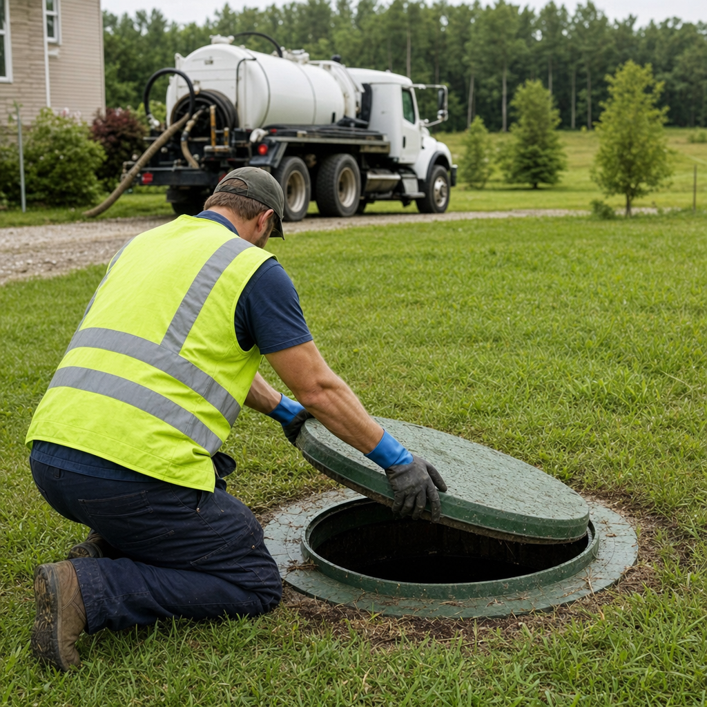 Septic technician kneeling on a Dorchester lawn, lifting the access lid on a residential septic tank