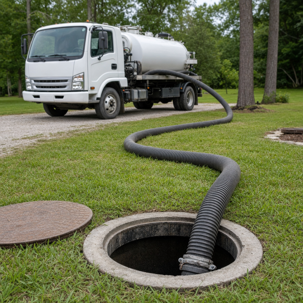 Thick ribbed suction hose lowered into a clean open septic tank port on a tidy Dorchester backyard lawn