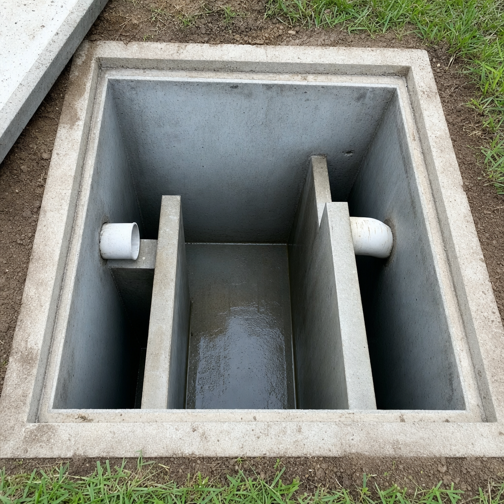 Inspection of the concrete baffles inside an open, emptied and freshly cleaned Dorchester septic tank