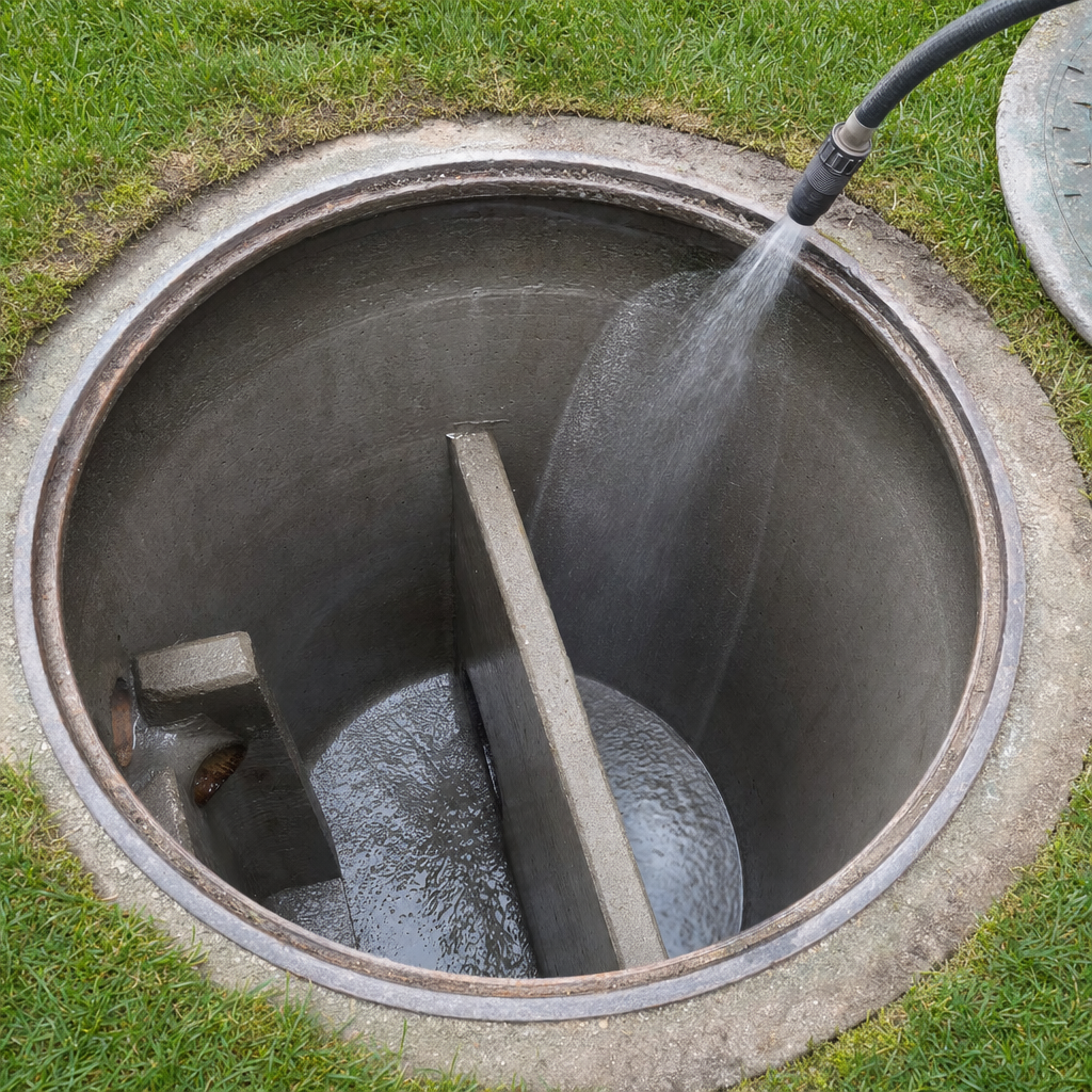 Interior concrete walls of an emptied Dorchester septic tank being rinsed clean with the truck's onboard water hose