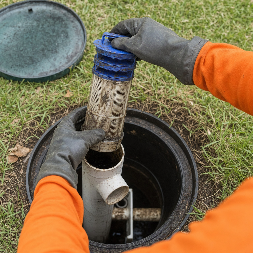 Septic technician's gloved hands lifting the effluent filter cartridge out of the outlet housing on a Dorchester septic tank
