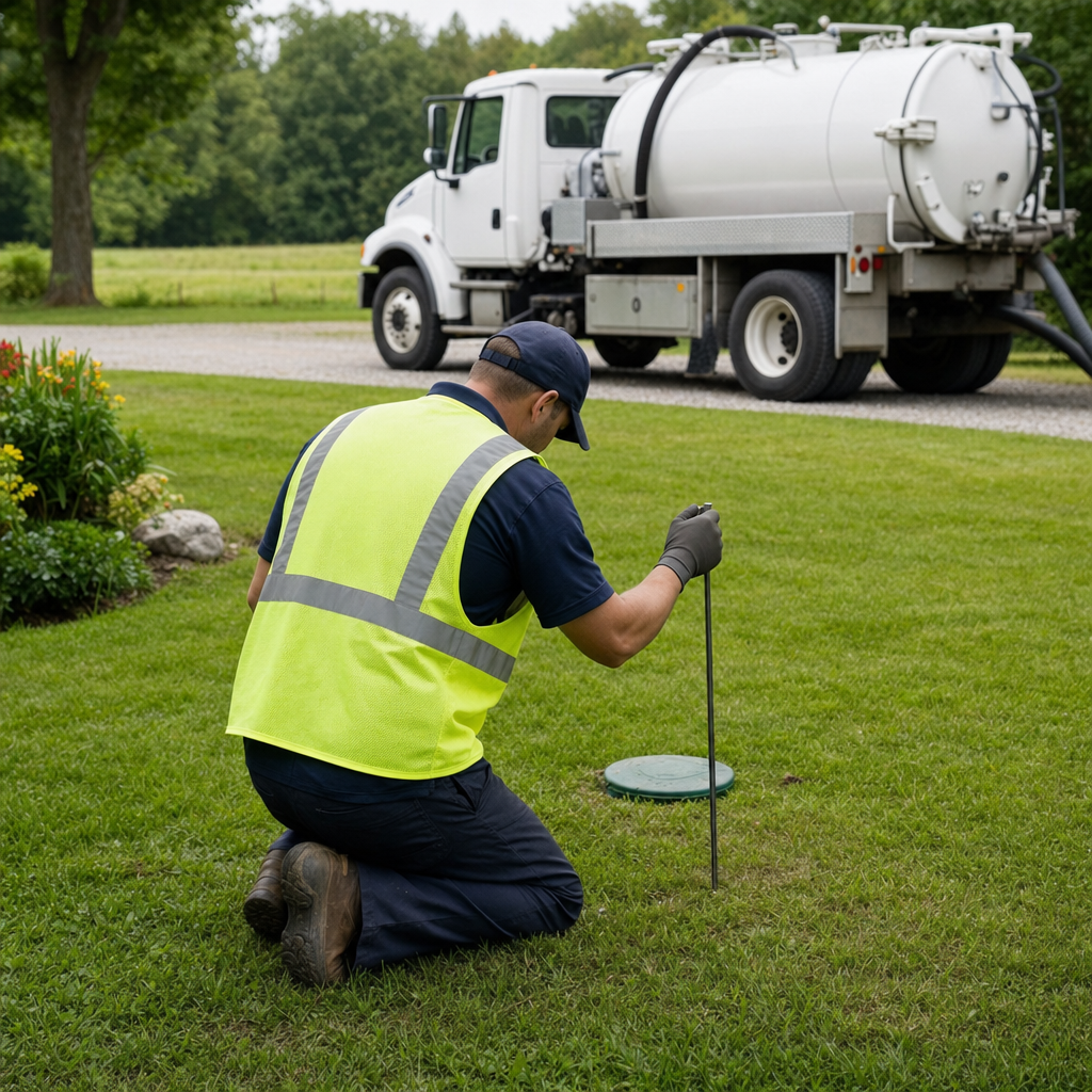 Septic technician kneeling on a Dorchester lawn, probing to locate and measure the depth of a buried septic tank lid before pumping