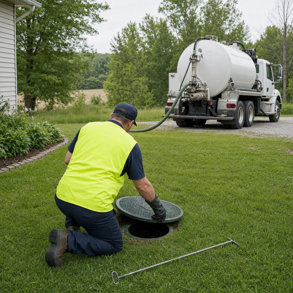 Septic technician kneeling on a Dorchester lawn, lifting the buried access lid on a residential septic tank