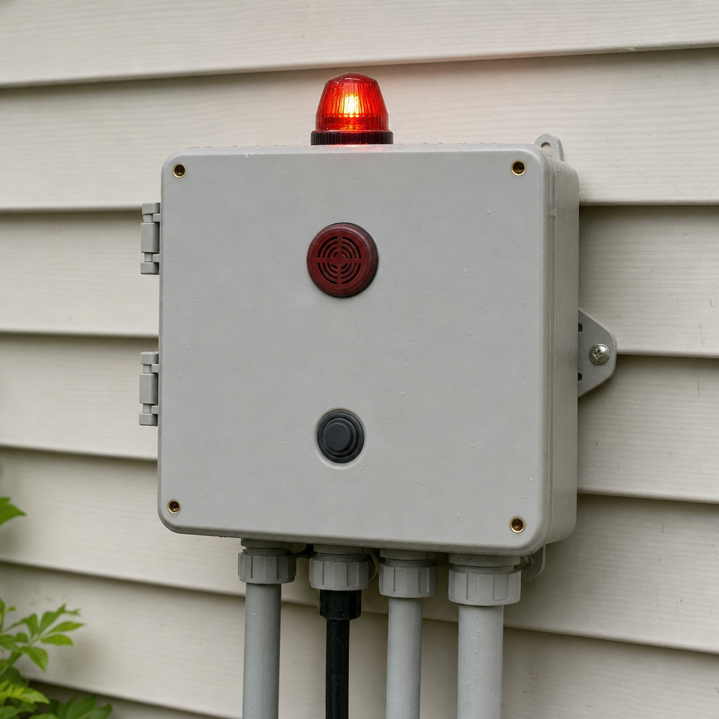 An aerobic septic system control panel mounted outside a Dorchester home with its red high-water alarm light lit