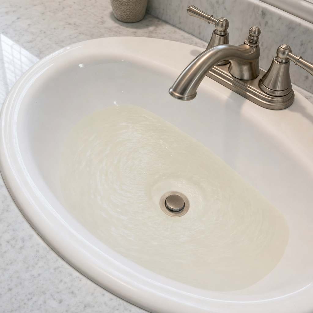 A bathroom sink draining slowly with water pooled in the basin, an early warning sign that a Dorchester septic tank is full